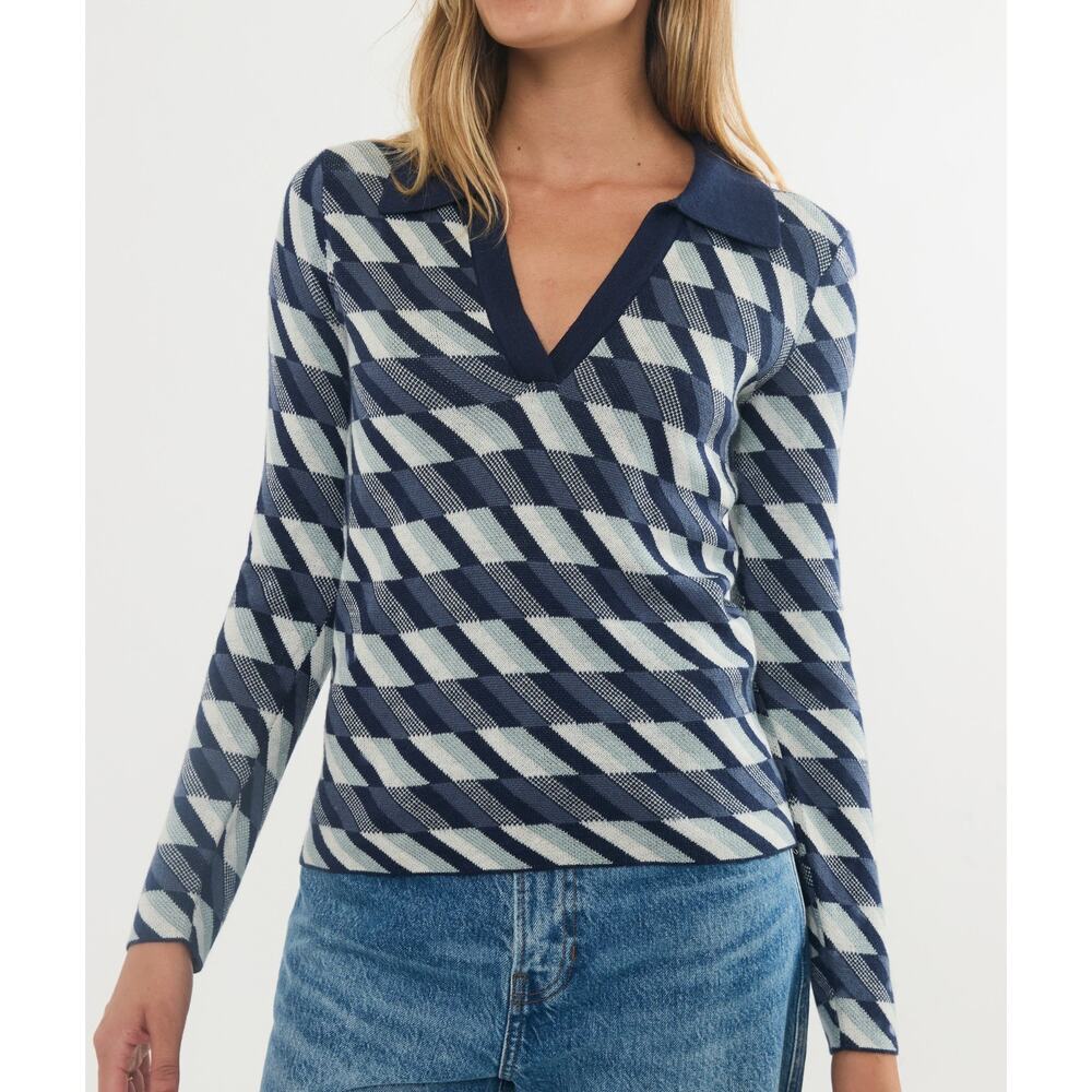 Marine Layer Novelty Morgan Blue Patterned Polo Sweater Medium